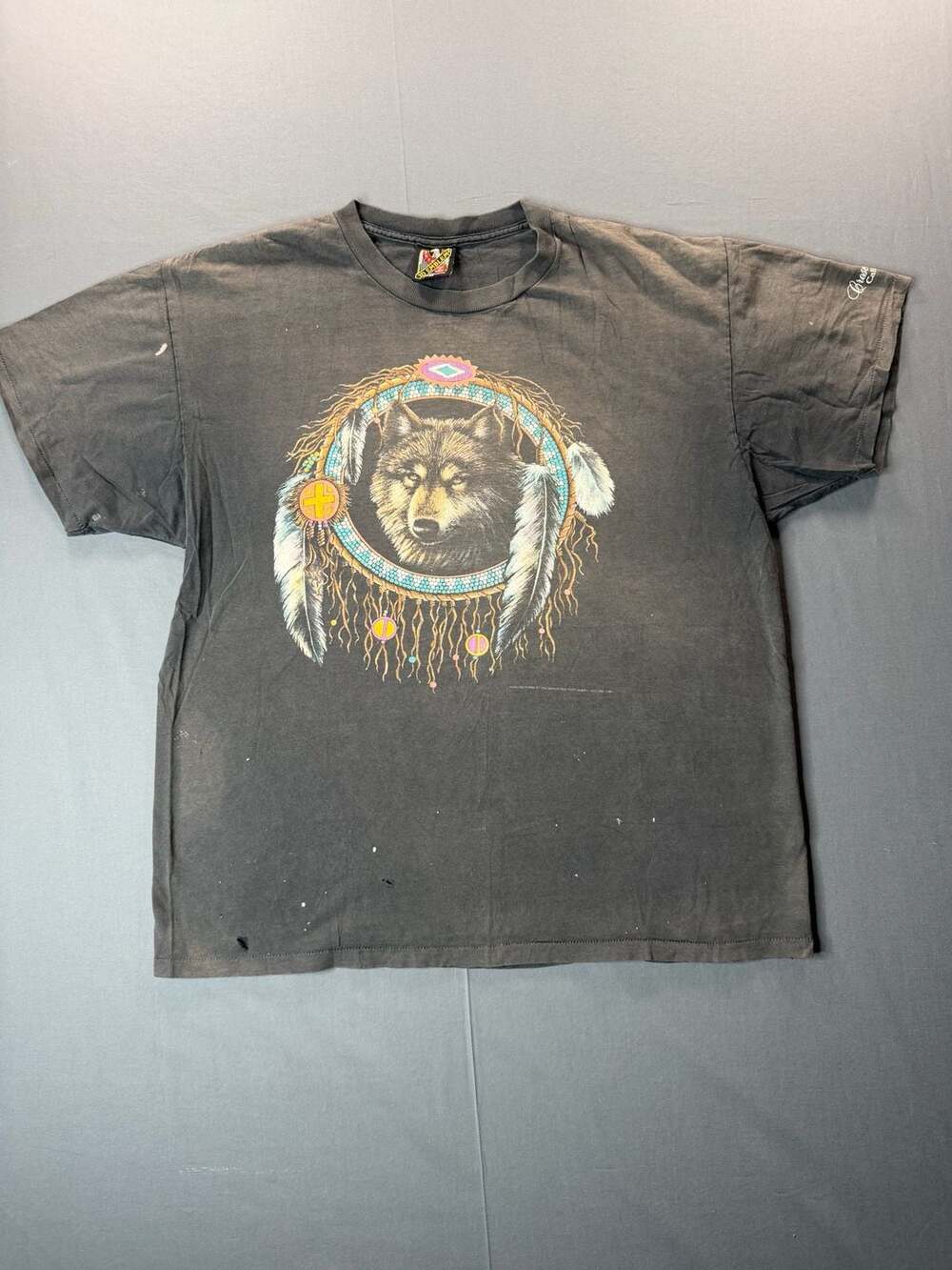 Vintage 1993 3D Emblem Wolf Dreamcatcher Graphic T-Shirt XL Black Made in USA